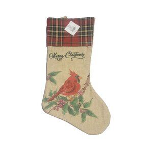Burlap Christmas Stocking Cardinal Plaid Cuff Rustic Holiday Décor 21" Plaid